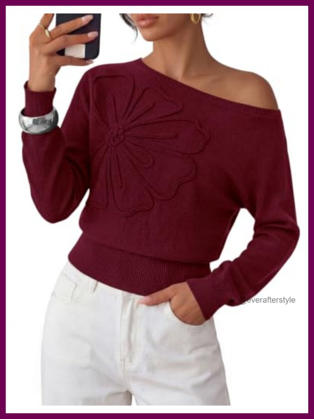 Off Shoulder Cropped Knit Sweater Long Sleeve 3D Flower Pullover Top